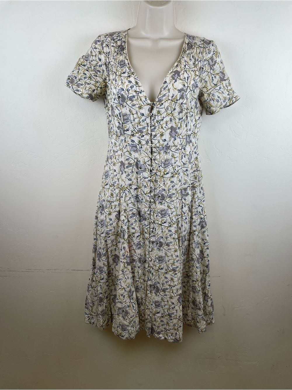 Free People Cream Floral Midi Dress with Gray and Yellow Accents